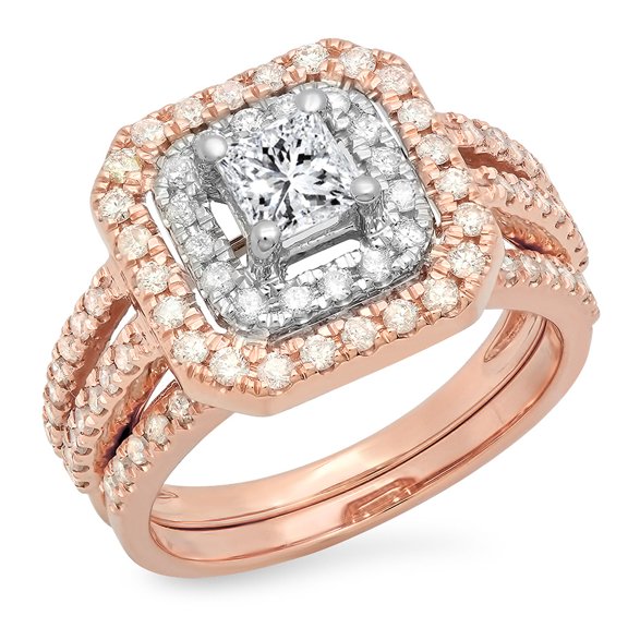 Dazzlingrock Collection 1.55 Carat (ctw) 14K White & Two Tone Diamond Halo Engagement Ring Set 1 1/2 CT, Rose Gold, Size 7