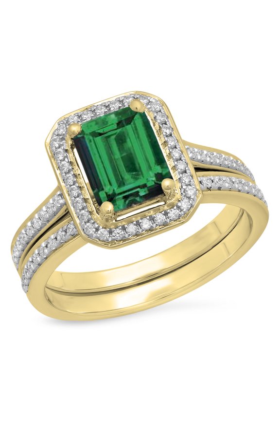 Collection 1.60 Carat (ctw) 10K Forest Green & White Cubic Zirconia CZ Bridal Ring Set, Yellow Gold, Size 7