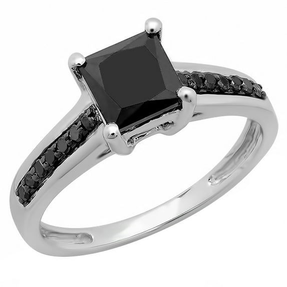 Dazzlingrock Collection 1.60 Carat (ctw) 14K Princess & Round Black Diamond Ladies Bridal Engagement Ring, White Gold, Size 4