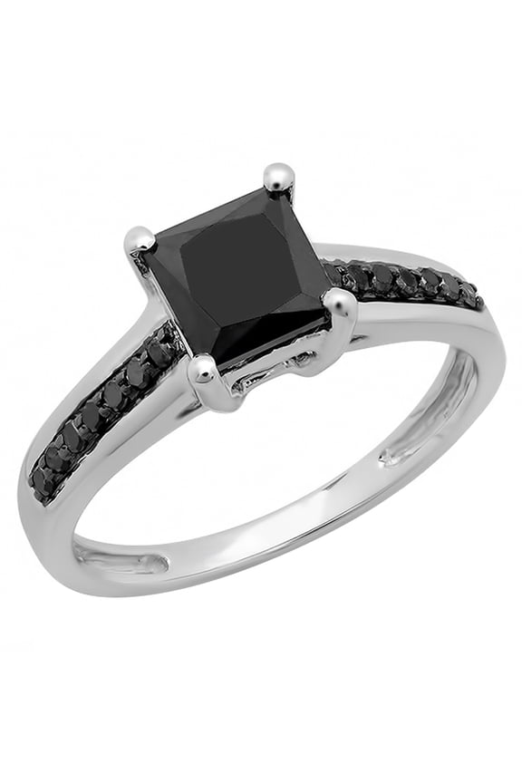Collection 1.60 Carat (ctw) 14K Princess & Round Black Diamond Ladies Bridal Engagement Ring, White Gold, Size 4