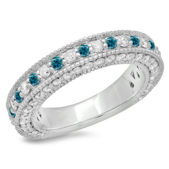 Dazzlingrock Collection 1.60 Carat (ctw) 14K Round Blue & White Diamond Millgrain Wedding Stackable Band, White Gold, Size 8.5