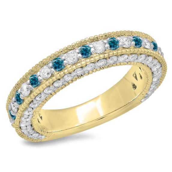 Dazzlingrock Collection 1.60 Carat (ctw) 14K Round Blue & White Diamond Millgrain Wedding Stackable Band, Yellow Gold, Size 9.5