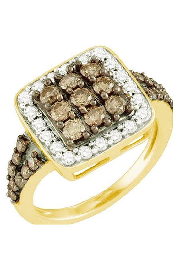 Collection 1.62 Carat (ctw) 10K Round Cognac & White Diamond Ladies Cocktail Right Hand Fashion Ring, Yellow Gold