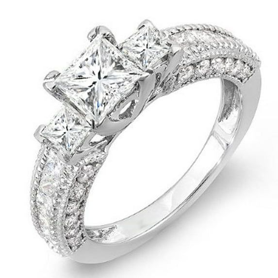 Dazzlingrock Collection 1.65 Carat (Ctw) 14k Princess & Round Diamond Ladies Semi Mount 3 Stone Engagement Bridal Ring (No Center Stone), White Gold, Size 7.5