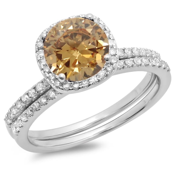 Dazzlingrock Collection 1.75 Carat (ctw) 10K Champagne & White Diamond Halo Engagement Set 1 3/4 CT, White Gold, Size 4