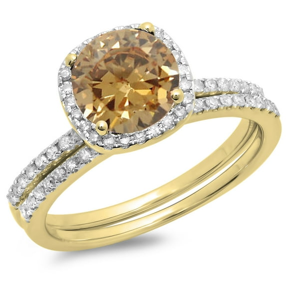 Dazzlingrock Collection 1.75 Carat (ctw) 10K Champagne & White Diamond Halo Engagement Set 1 3/4 CT, Yellow Gold, Size 5.5