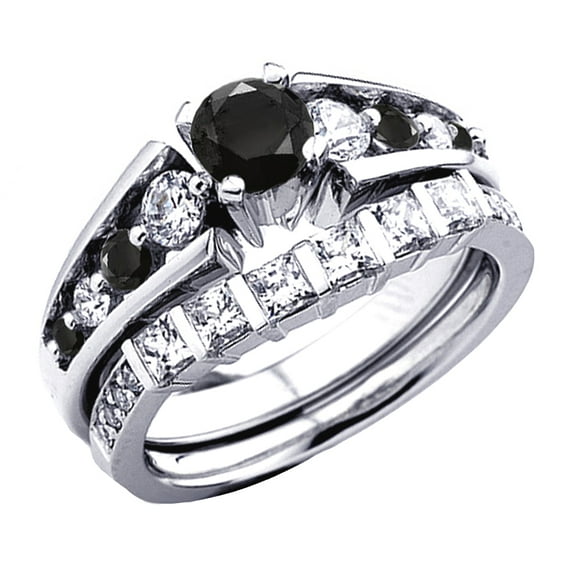 Dazzlingrock Collection 1.75 Carat (ctw) 10k White And Black Diamond Ladies Bridal Engagement Ring Set, White Gold, Size 7.5