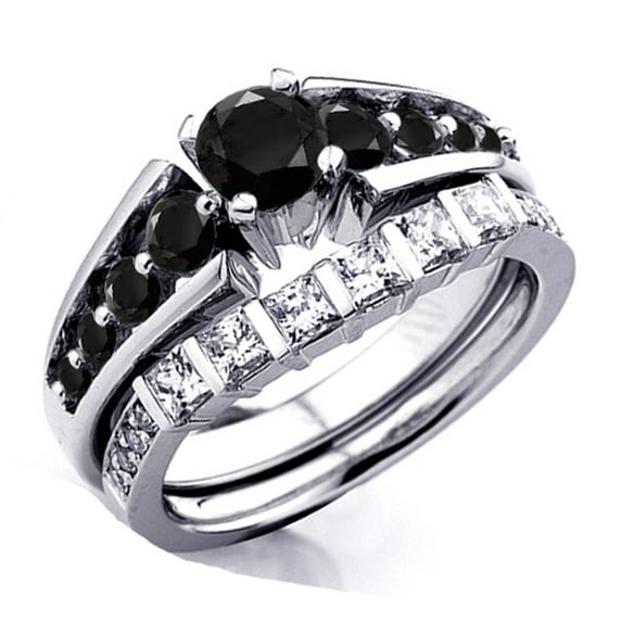 Dazzlingrock Collection 1.75 Carat (ctw) 14k Princess & Round White And Black Diamond Ladies Bridal Ring Set Engagement Set, White Gold, Size 5