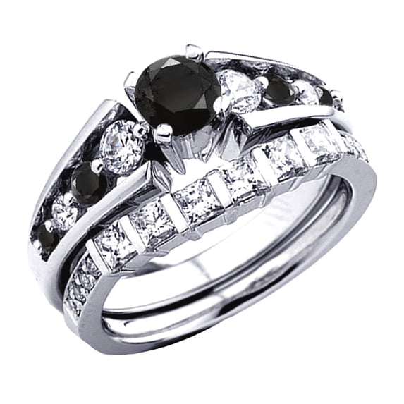 Dazzlingrock Collection 1.75 Carat (ctw) 14k Princess & Round White And Black Diamond Ladies Bridal Ring Set Engagement Set, White Gold, Size 5