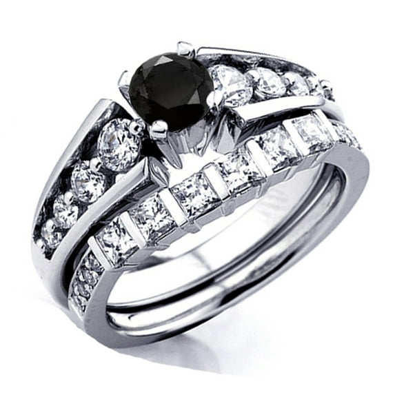 Dazzlingrock Collection 1.75 Carat (ctw) 14k Princess & Round White And Black Diamond Ladies Bridal Ring Set Engagement Set, White Gold, Size 6.5