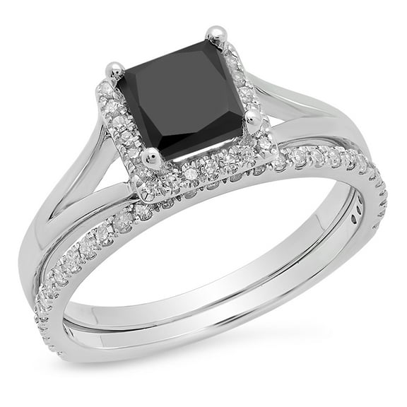 Dazzlingrock Collection 1.80 Carat (ctw) 10K Black & White Diamond Bridal Halo Engagement Ring Set, White Gold, Size 7