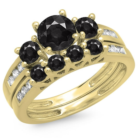 Dazzlingrock Collection 1.80 Carat (ctw) 14K Black & White Diamond Bridal 3 Stone Engagement Ring Set, Yellow Gold, Size 6