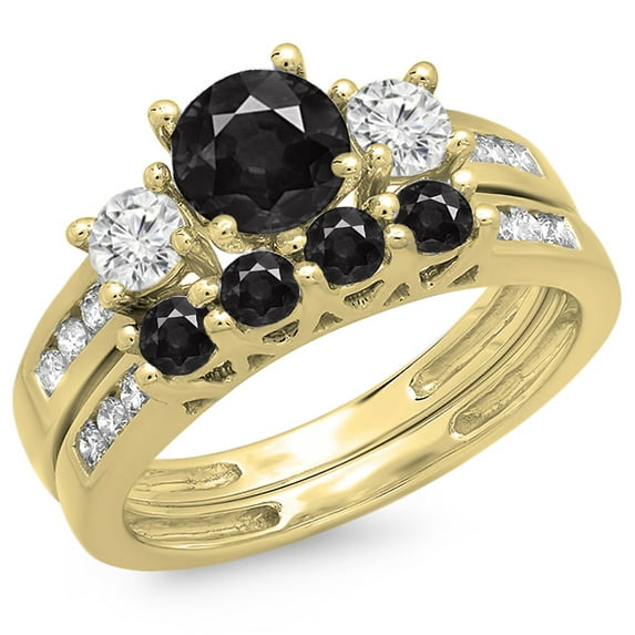 Dazzlingrock Collection 1.80 Carat (ctw) 14K Black & White Diamond Bridal 3 Stone Engagement Ring Set, Yellow Gold, Size 7