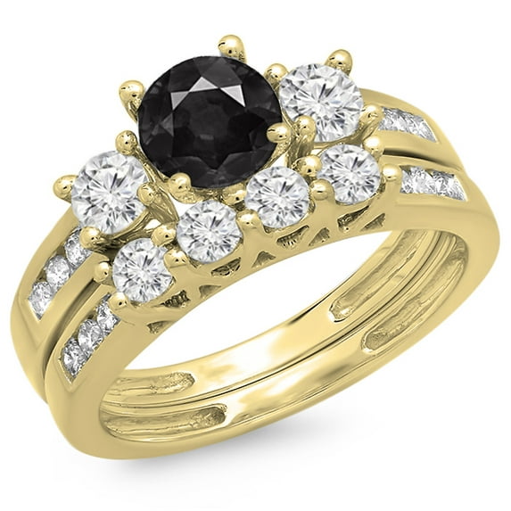 Dazzlingrock Collection 1.80 Carat (ctw) 14K Black & White Diamond Bridal 3 Stone Engagement Ring Set, Yellow Gold, Size 8.5