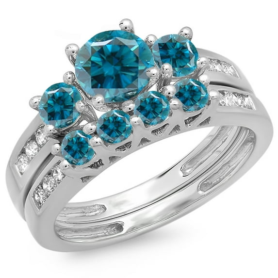 Dazzlingrock Collection 1.80 Carat (ctw) 14K Blue And White Diamond Bridal 3 Stone Engagement Ring Set, White Gold, Size 7.5
