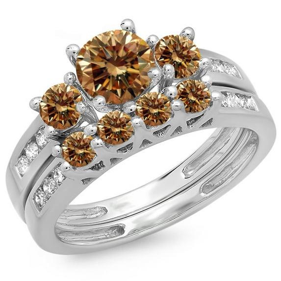 Dazzlingrock Collection 1.80 Carat (ctw) 14K Champagne & White Diamond Bridal 3 Stone Engagement Ring Set, White Gold, Size 5.5