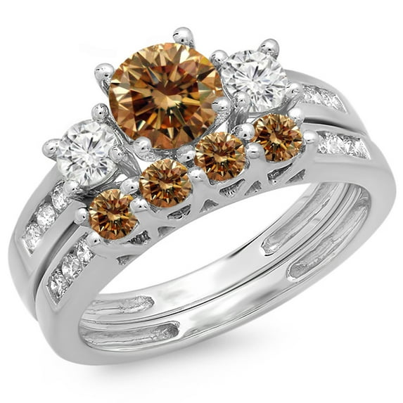 Dazzlingrock Collection 1.80 Carat (ctw) 14K Champagne & White Diamond Bridal 3 Stone Engagement Ring Set, White Gold, Size 5.5