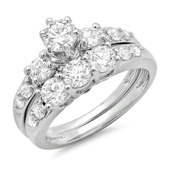 Dazzlingrock Collection 1.80 Carat (ctw) 14K Round Diamond Ladies 3 Stone Bridal Engagement Ring Set, White Gold, Size 7.5