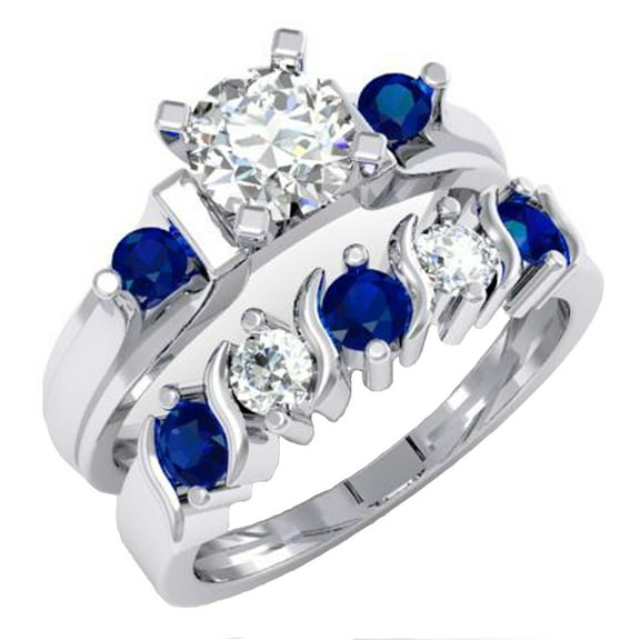 Dazzlingrock Collection 1.85 Carat (ctw) 10K Blue & White Sapphire 3 Stone Bridal Engagement Ring Set, White Gold, Size 7