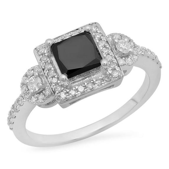 Dazzlingrock Collection 1.90 Carat (ctw) 10K Princess & Round Black & White Diamond Engagement Ring, White Gold, Size 7.5