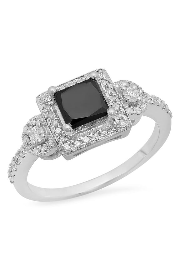 Collection 1.90 Carat (ctw) 10K Princess & Round Cut Black & White Diamond Engagement Ring, White Gold, Size 7