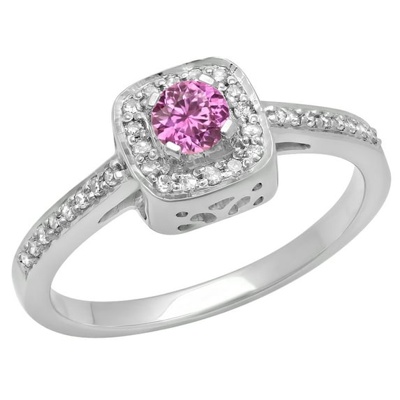 Dazzlingrock Collection 10K 3.9 MM Round Pink Sapphire & White Diamond Ladies Halo Engagement Ring, White Gold, Size 7