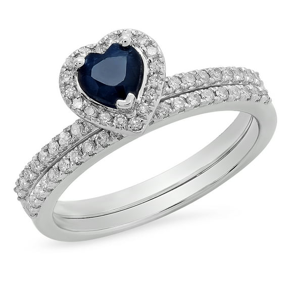 Dazzlingrock Collection 10K 5 MM Heart Blue Sapphire & Round White Diamond Ladies Engagement Ring Set, White Gold, Size 8.5