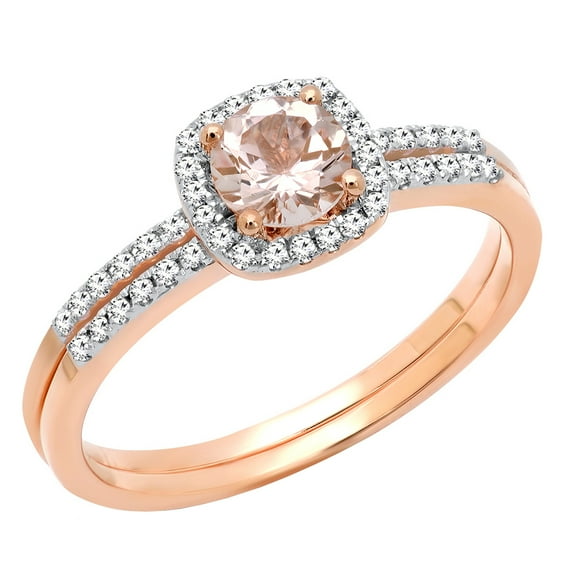 Dazzlingrock Collection 10K 5 MM Round Morganite & Diamond Bridal Halo Engagement Ring Set, Rose Gold, Size 9