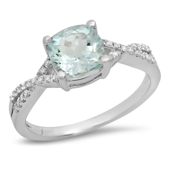 Dazzlingrock Collection 10K 7 MM Cushion Aquamarine & Round Diamond Ladies Swirl Engagement Ring, White Gold, Size 7