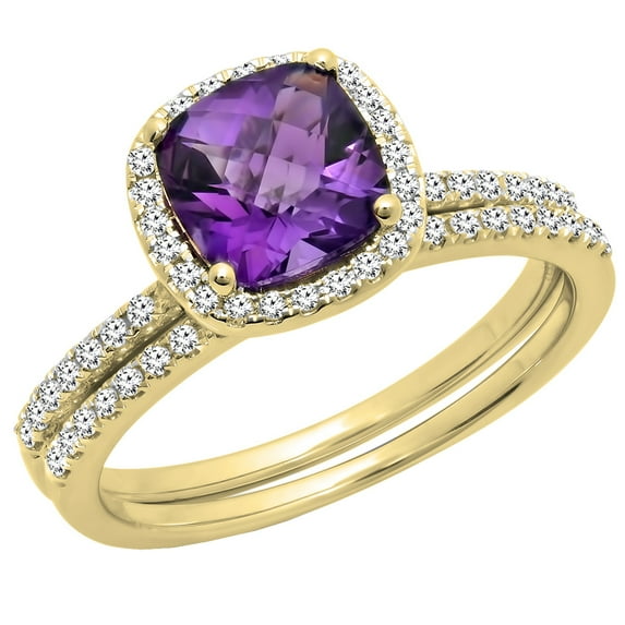 Dazzlingrock Collection 10K 7 MM Cushion Cut Amethyst & Round White Diamond Halo Wedding Ring Set, Yellow Gold, Size 8