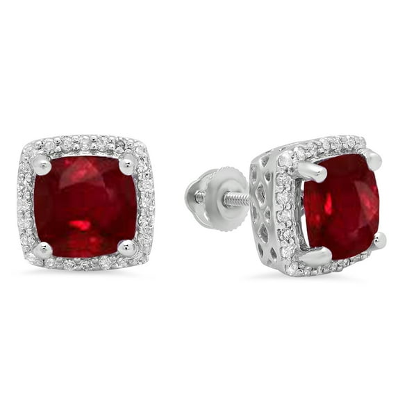 Dazzlingrock Collection 10K 7 MM Each Cushion Ruby & Round Diamond Ladies Square Frame Halo Stud Earrings, White Gold