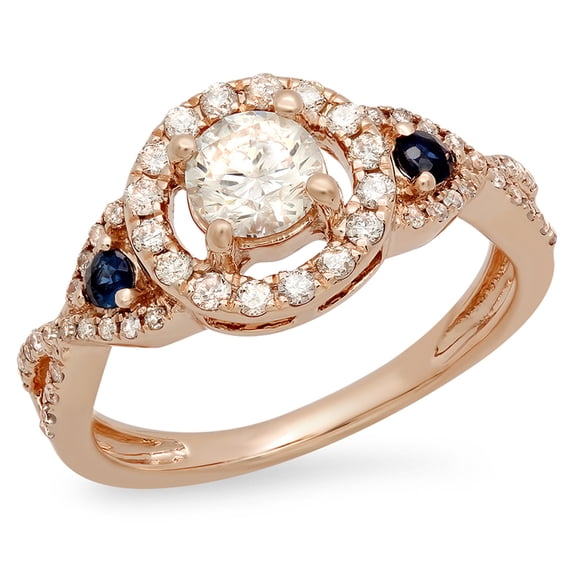 Dazzlingrock Collection 10K Blue Sapphire & White Diamond 3 Stone Halo Vintage Bridal Engagement Ring, Rose Gold, Size 5
