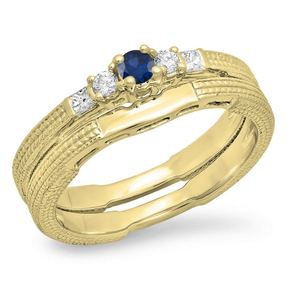 Dazzlingrock Collection 10K Blue Sapphire & White Diamond 5 Stone Bridal Engagement Ring Band Set, Yellow Gold, Size 5