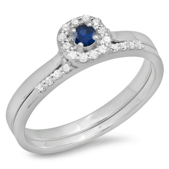 Dazzlingrock Collection 10K Blue Sapphire & White Diamond Bridal Halo Engagement Ring Matching Band Set, White Gold, Size 5