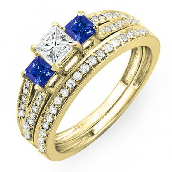 Dazzlingrock Collection 10K Blue Sapphire & White Diamond Ladies 3 Stone Bridal Engagement Ring Set, Yellow Gold, Size 6.5