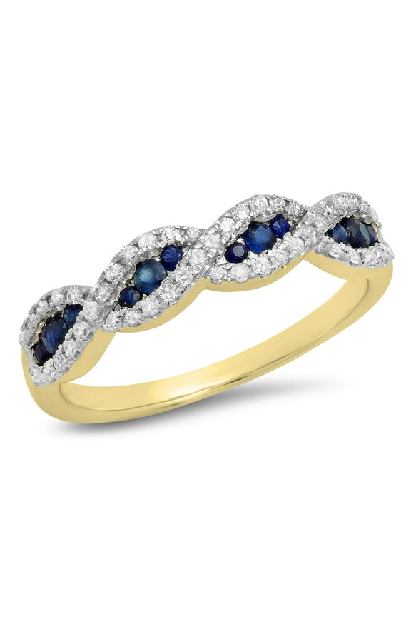 Collection 10K Blue Sapphire & White Diamond Swirl Wedding Band, Yellow Gold, Size 5.5