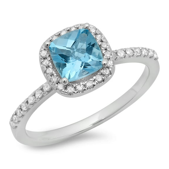 Dazzlingrock Collection 10K Cushion Cut Blue Topaz & Round Cut White Diamond Halo Engagement Ring, White Gold, Size 6