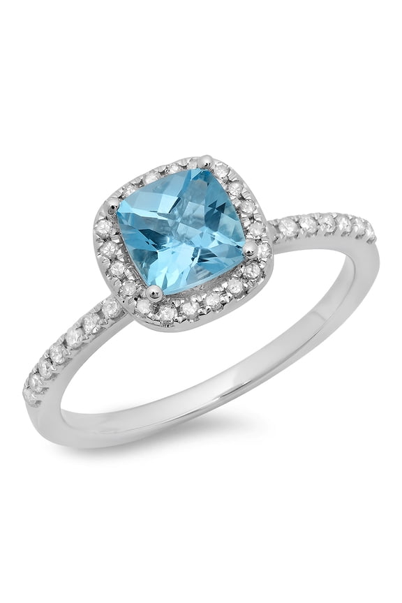 Collection 10K Cushion Cut Blue Topaz & Round Cut White Diamond Halo Engagement Ring, White Gold, Size 8