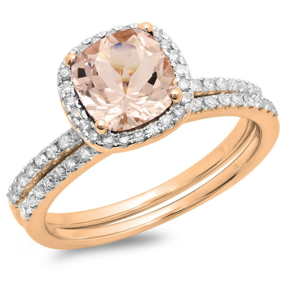 Dazzlingrock Collection 10K Cushion Cut Morganite & Round Cut White Diamond Bridal Halo Engagement Ring Set, Rose Gold, Size 5.5