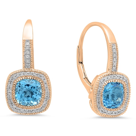 Dazzlingrock Collection 10K Each 6 MM Cushion Blue Topaz & Round Diamond Ladies Halo Dangling Drop Earrings, Rose Gold