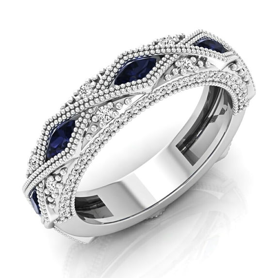 Dazzlingrock Collection 10K Marquise Blue Sapphire & Round Diamond Ladies Stackable Wedding Band, White Gold, Size 7