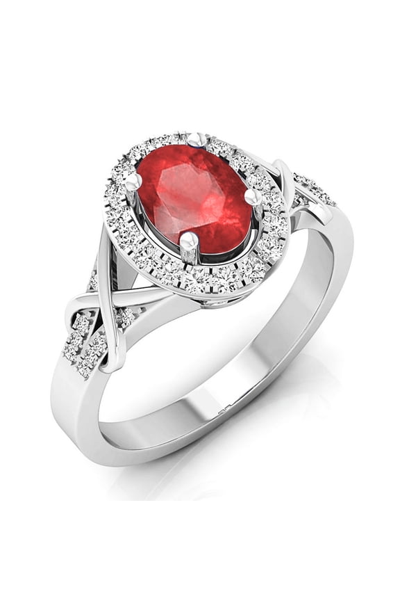 Collection 10K Oval Cut Ruby & Round Cut Diamond Bridal Halo Engagement Ring, White Gold, Size 4