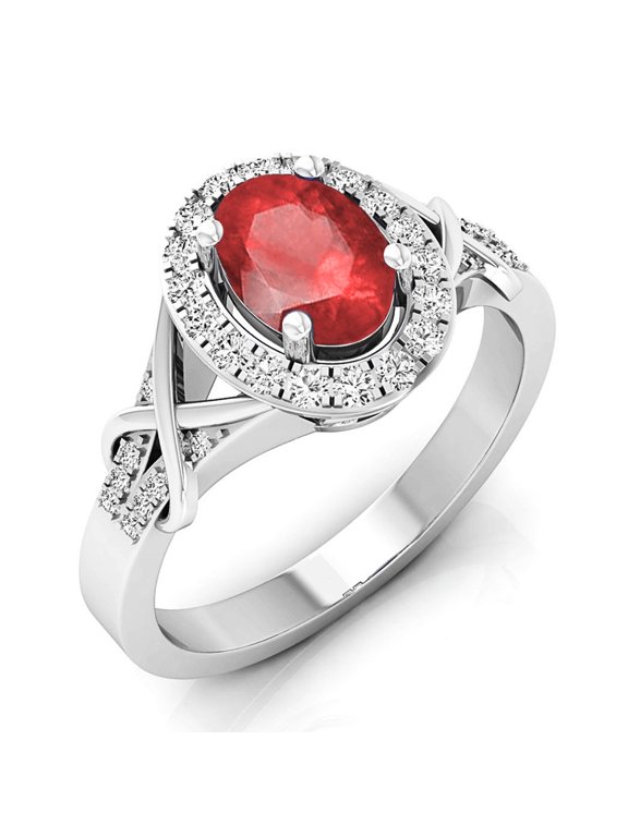 Collection 10K Oval Cut Ruby & Round Cut Diamond Bridal Halo Engagement Ring, White Gold, Size 6