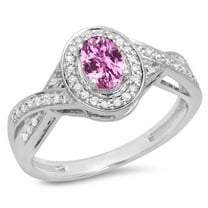 Dazzlingrock Collection 10K Oval & Pink Sapphire & White Diamond Swirl Split Bridal Halo Engagement Ring, White Gold, Size 4.5