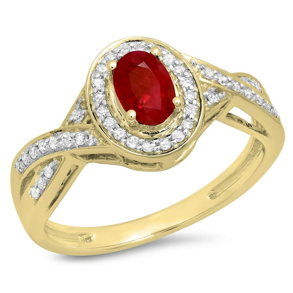 Dazzlingrock Collection 10K Oval & Ruby & White Diamond Swirl Split Shank Bridal Halo Engagement Ring, Yellow Gold, Size 4