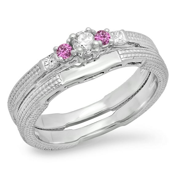 Dazzlingrock Collection 10K Pink Sapphire & White Diamond 5 Stone Bridal Engagement Ring Band Set, White Gold, Size 9.5