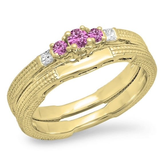 Dazzlingrock Collection 10K Pink Sapphire & White Diamond 5 Stone Bridal Engagement Ring Band Set, Yellow Gold, Size 4