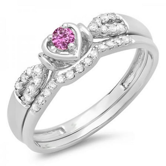Dazzlingrock Collection 10K Pink Sapphire & White Diamond Heart Shaped Bridal Engagement Ring Set, White Gold, Size 5