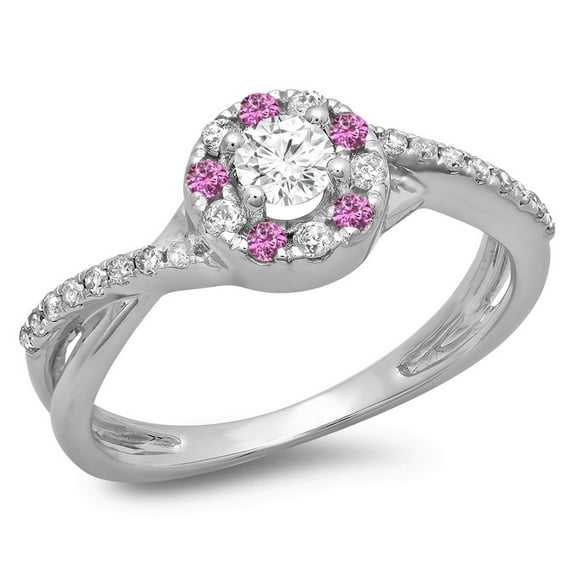 Dazzlingrock Collection 10K Pink Sapphire & White Diamond Ladies Split Shank Bridal Halo Engagement Ring, White Gold, Size 7.5
