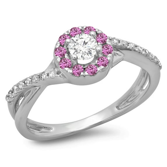 Dazzlingrock Collection 10K Pink Sapphire & White Diamond Ladies Split Shank Bridal Halo Engagement Ring, White Gold, Size 7